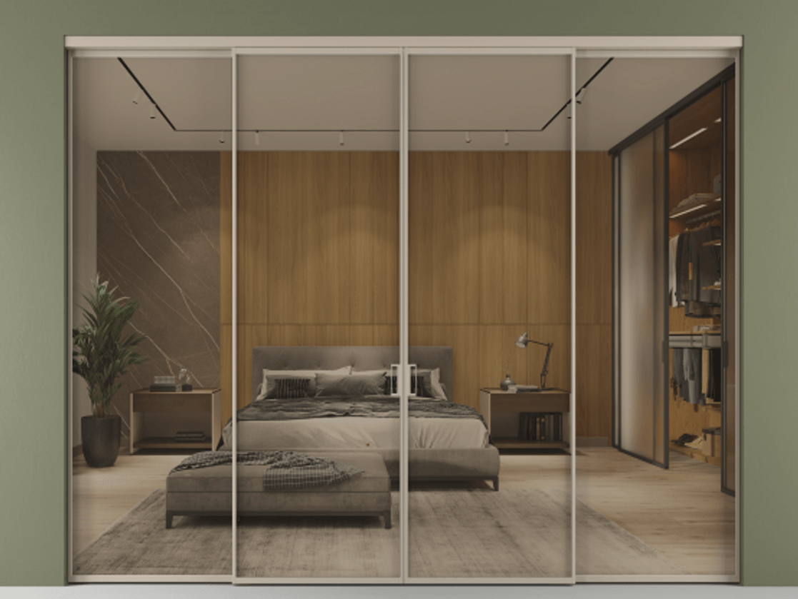 Перегородка Формато внутри проёма 4 створки АЛПР 040.01 Алюминий бисквитный Рефлективное бронзовое стекло "Стопсол", калёное Цена 362710 ₽  | Volhovec