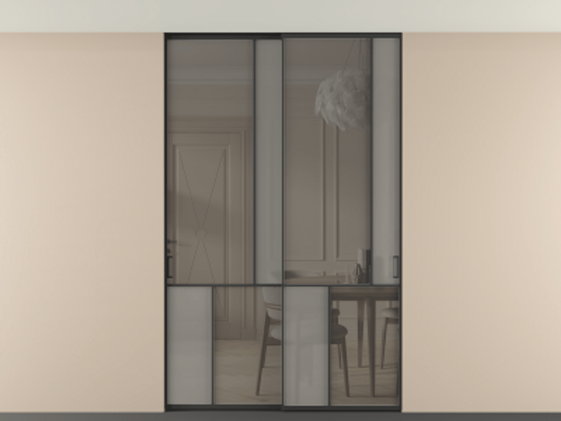 Перегородка Мозаик внутри проёма скрытое крепление в потолок 2 створки АЛПР 041.21 Алюминий Черный Сатинированное серое стекло, триплекс, 6 мм + Прозрачное серое стекло, триплекс Цена 330770 ₽ | Volhovec