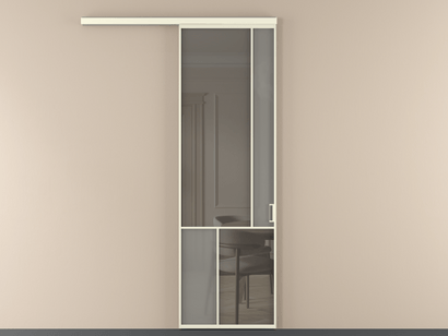 Алюминевая перегородка vd1_1_АМБ_Серый сатин триплекс+Серый триплекс_new. Цвет Алюминий молочно-белый. Материал Алюминий в эмали. Коллекция Перегородка Mosaic вдоль стены одностворчатая. Картинка.