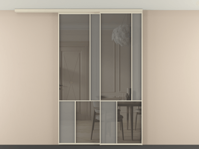 Алюминевая перегородка vdt2_1 Алюминий бежево-серый Серый сатин матовое + Серый прозрачное. Цвет Алюминий бежево-серый. Материал Алюминий в эмали. Коллекция New Перегородка Mosaic вдоль стены на потолок телескопик синхро 2. Картинка.