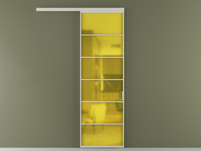 Алюминевая перегородка vd1_04_ Алюминий тёплый серый Сатинированное жёлтое стекло, триплекс, 6мм. Цвет Алюминий тёплый серый. Материал Алюминий в эмали. Коллекция Перегородка Formato вдоль стены одностворчатая. Картинка.