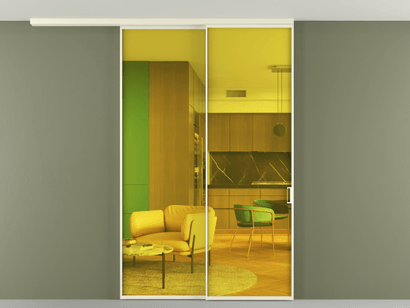 Алюминевая перегородка АЛПР 040.01_АМБ_ПРОЗ ЖЕЛ_new. Цвет Алюминий молочно-белый. Материал Алюминий в эмали. Коллекция Перегородка Formato вдоль стены на потолок телескопик синхро 2. Картинка.