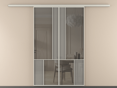 Алюминевая перегородка vd2_1 Алюминий тёплый серый Серый сатин матовое + Серый прозрачное. Цвет Алюминий тёплый серый. Материал Алюминий в эмали. Коллекция New Перегородка Mosaic вдоль стены двустворчатая. Картинка.