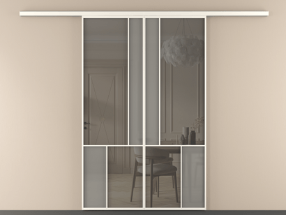 Алюминевая перегородка vd2_1 Алюминий пудровый белый Серый сатин матовое + Серый прозрачное. Цвет Алюминий пудровый белый. Материал Алюминий в эмали. Коллекция New Перегородка Mosaic вдоль стены двустворчатая. Картинка.