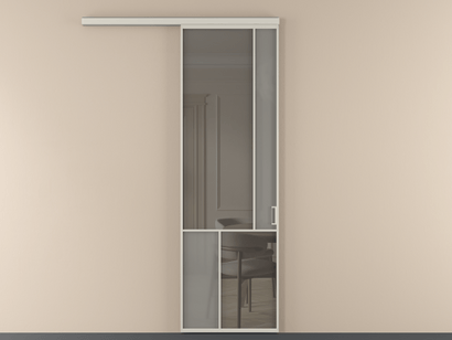 Алюминевая перегородка vd1_1_АОС_Серый сатин триплекс+Серый триплекс_new. Цвет Алюминий облачно-серый. Материал Алюминий в эмали. Коллекция Перегородка Mosaic вдоль стены одностворчатая. Картинка.