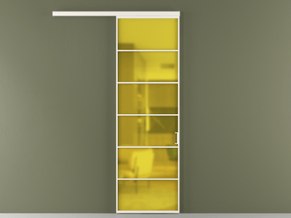 Алюминевая перегородка vd1_04_ Алюминий пудровый белый Сатинированное жёлтое стекло, триплекс, 6мм. Цвет Алюминий пудровый белый. Материал Алюминий в эмали. Коллекция Перегородка Formato вдоль стены одностворчатая. Картинка.