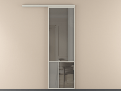 Алюминевая перегородка vd1_1 Алюминий тёплый серый Серый сатин матовое + Серый прозрачное. Цвет Алюминий тёплый серый. Материал Алюминий в эмали. Коллекция New Перегородка Mosaic вдоль стены одностворчатая. Картинка.