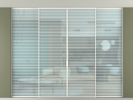 Алюминевая перегородка vn2+2_07 Алюминий пудровый белый Сатинированное голубое стекло, триплекс, 6мм. Цвет Алюминий пудровый белый. Материал Алюминий в эмали. Коллекция Перегородка Formato внутри проёма скрытое крепление в потолок 4 створки. Картинка.