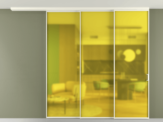 Алюминевая перегородка АЛПР 040.01_АЖМ_САТ ЖЕЛ_new. Цвет Алюминий жемчужный. Материал Алюминий в эмали. Коллекция Перегородка Формато вдоль стены на потолок 3 створки с синхронным механизмом. Картинка.