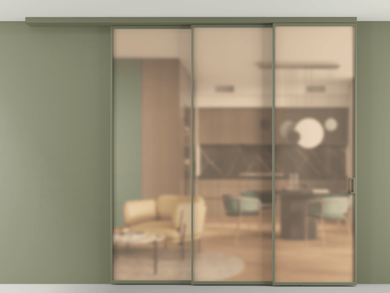 Алюминевая перегородка АЛПР 040.01_АОТ_САТ ОРАНЖ_new. Цвет Алюминий оливковый тёмный. Материал Алюминий в эмали. Коллекция Перегородка Формато вдоль стены на потолок 3 створки с синхронным механизмом. Картинка.