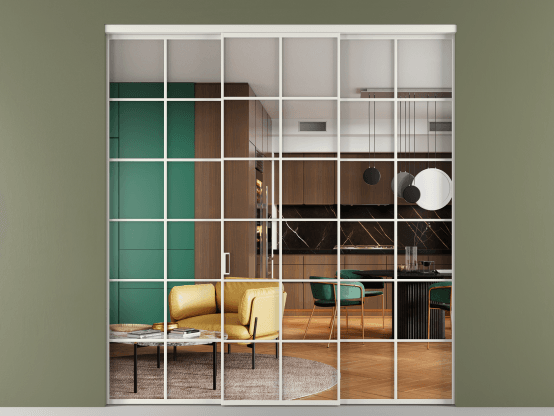 Алюминевая перегородка АЛПР 040.05_АСР_Crystalvision_new. Цвет Алюминий серый. Материал Алюминий в эмали. Коллекция Перегородка Формато внутри проёма 3 створки. Картинка.