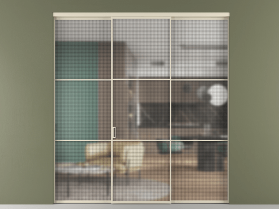 Алюминевая перегородка vn1+2_03_ Алюминий бежево-серый Mesh silver. Цвет Алюминий бежево-серый. Материал Алюминий в эмали. Коллекция Перегородка Formato внутри проёма 3 створки. Картинка.