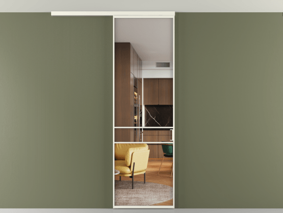 Алюминевая перегородка АЛПР 040.02_АЖМ_Crystalvision_new. Цвет Алюминий жемчужный. Материал Алюминий в эмали. Коллекция Перегородка Formato вдоль стены на потолок 1 створка. Картинка.