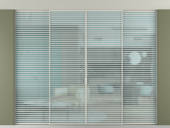 Алюминевая перегородка vn2+2_07 Алюминий тёплый серый Сатинированное голубое стекло, триплекс, 6мм. Цвет Алюминий тёплый серый. Материал Алюминий в эмали. Коллекция Перегородка Formato внутри проёма скрытое крепление в потолок 4 створки. Картинка.