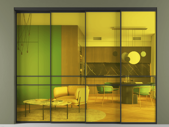 Алюминевая перегородка АЛПР 040.02_ЧРН_ПРОЗ ЖЕЛ_new. Цвет Алюминий Черный. Материал Алюминий. Коллекция Перегородка Formato внутри проёма 4 створки с синхронным механизмом. Картинка.