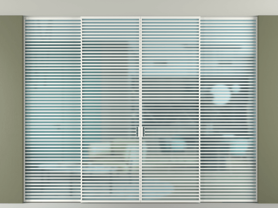 Алюминевая перегородка vn2+2_07 Алюминий светло-серый Сатинированное голубое стекло, триплекс, 6мм. Цвет Алюминий светло-серый. Материал Алюминий в эмали. Коллекция Перегородка Formato внутри проёма скрытое крепление в потолок 4 створки. Картинка.