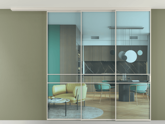 Алюминевая перегородка АЛПР 040.02_АОС_ПРОЗ ГОЛ_new. Цвет Алюминий облачно-серый. Материал Алюминий в эмали. Коллекция Перегородка Formato вдоль стены на потолок 3 створки с синхронным механизмом. Картинка.