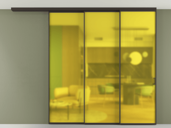 Алюминевая перегородка АЛПР 040.01_ААН_САТ ЖЕЛ_new. Цвет Алюминий антрацит. Материал Алюминий в эмали. Коллекция Перегородка Формато вдоль стены на потолок 3 створки с синхронным механизмом. Картинка.