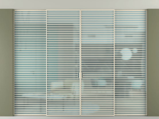 Алюминевая перегородка vn2+2_07 Алюминий бежево-серый Сатинированное голубое стекло, триплекс, 6мм. Цвет Алюминий бежево-серый. Материал Алюминий в эмали. Коллекция Перегородка Formato внутри проёма скрытое крепление в потолок 4 створки. Картинка.