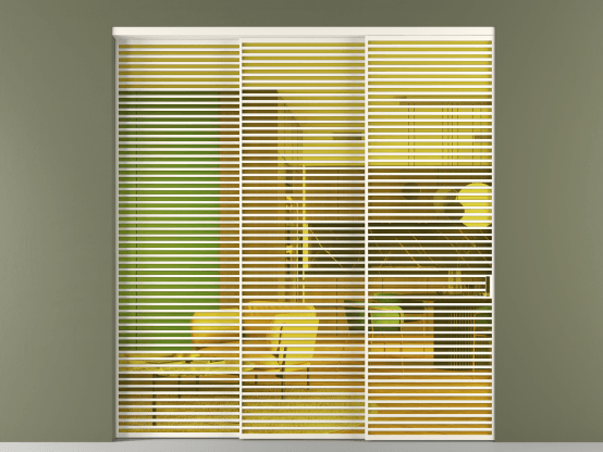 Алюминевая перегородка vn3_07_ Алюминий пудровый белый Прозрачное жёлтое стекло, триплекс, 6мм. Цвет Алюминий пудровый белый. Материал Алюминий в эмали. Коллекция Перегородка Formato внутри проёма 3 створки с синхронным механизмом. Картинка.